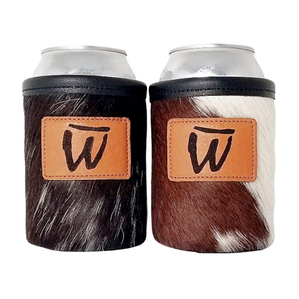 Two brown cowhide can holders personalized with an engraved W monogram