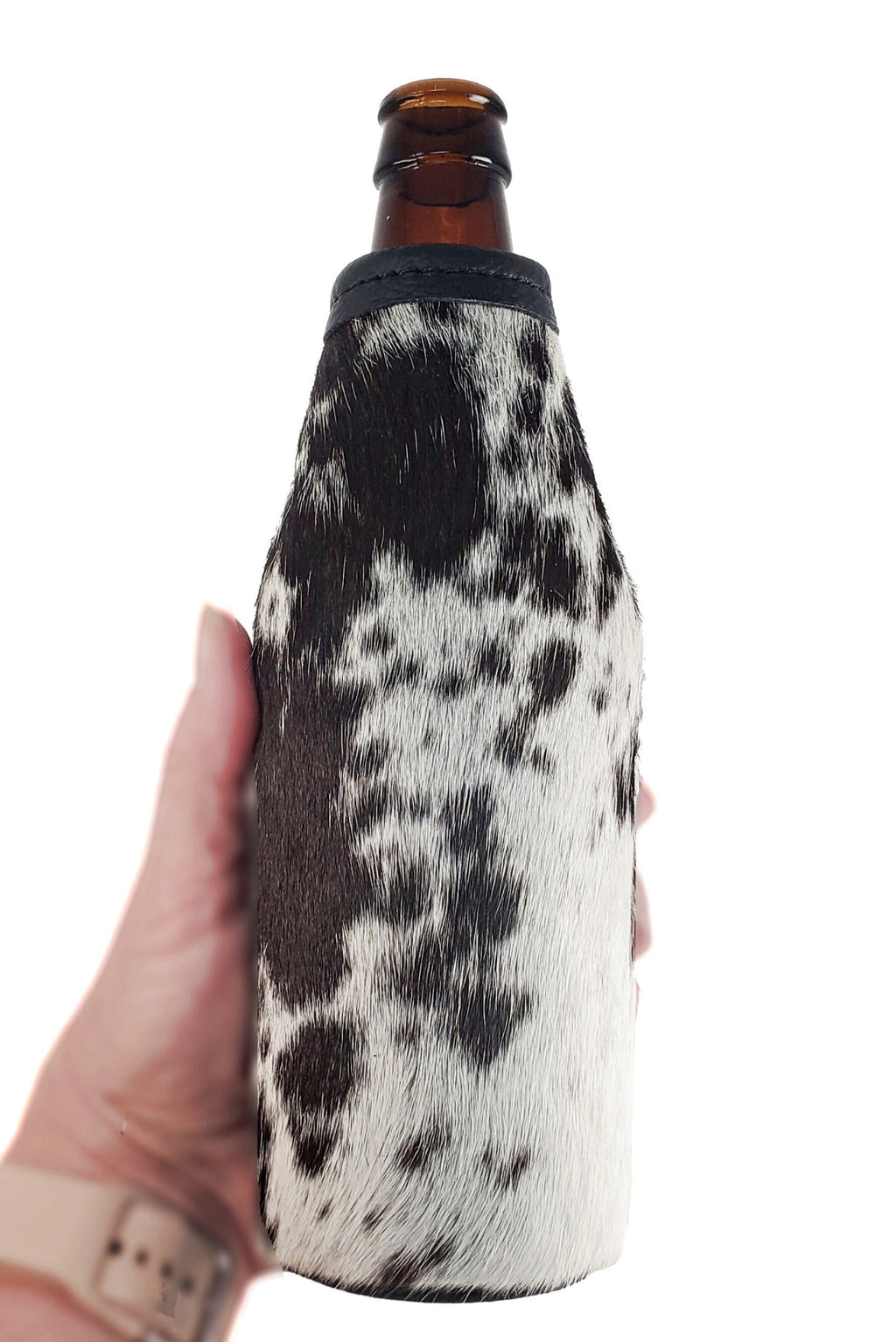 Custom Cowhide Beer Bottle Holder – Engraved Leather Bottle Cooler for 12oz Bottles | Personalized Gift, Handmade in Montana