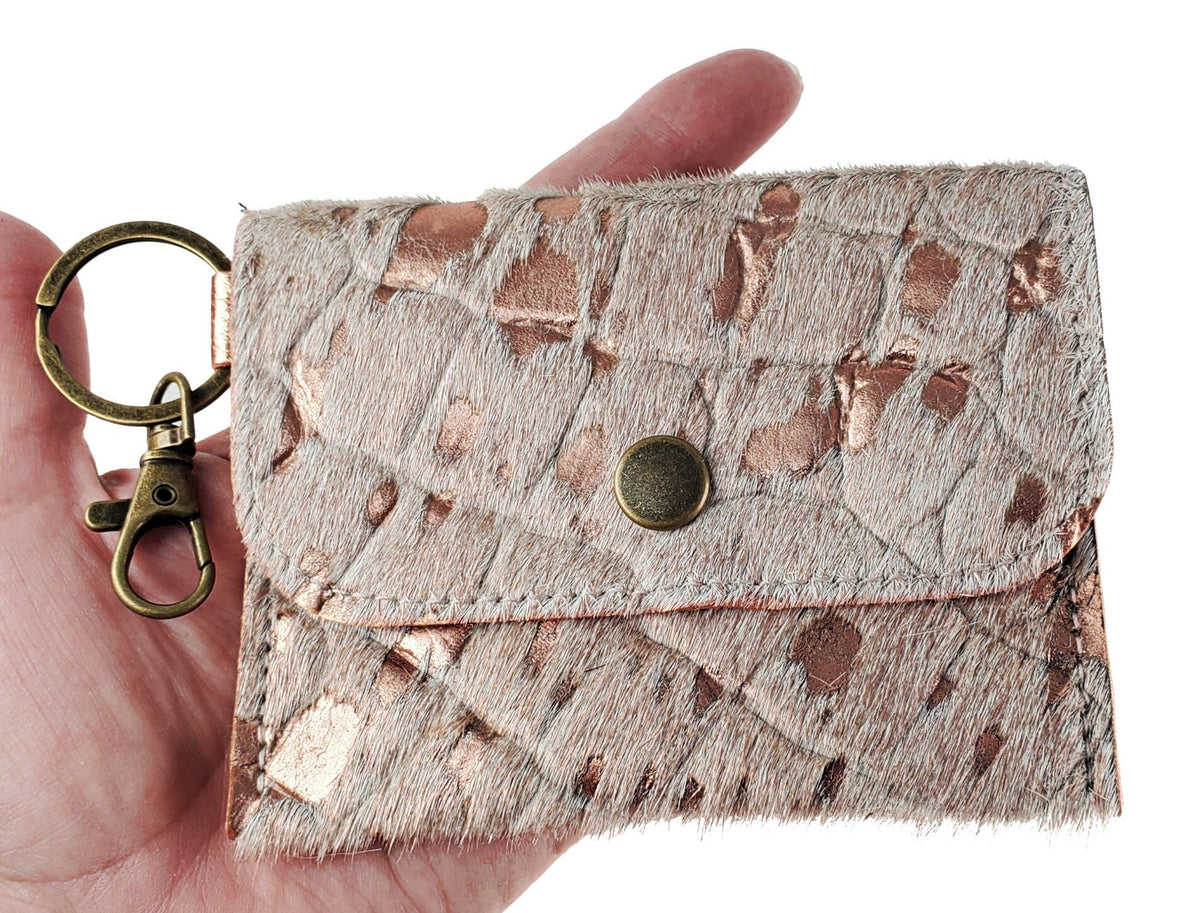 Rose-gold acid-wash cowhide card wallet keychain with antique brass snap, key ring and swivel clip