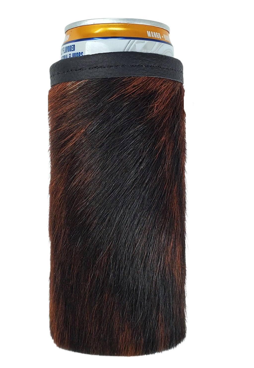 Dark brown and black brindle hair-on cowhide slim can cooler holding a 12oz beverage can