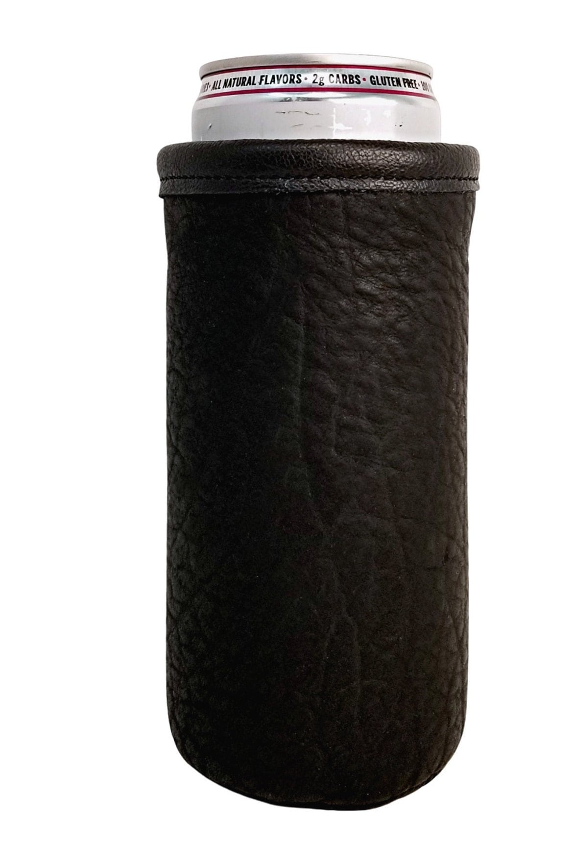 Black textured leather slim can cooler holding a 12oz skinny beverage can