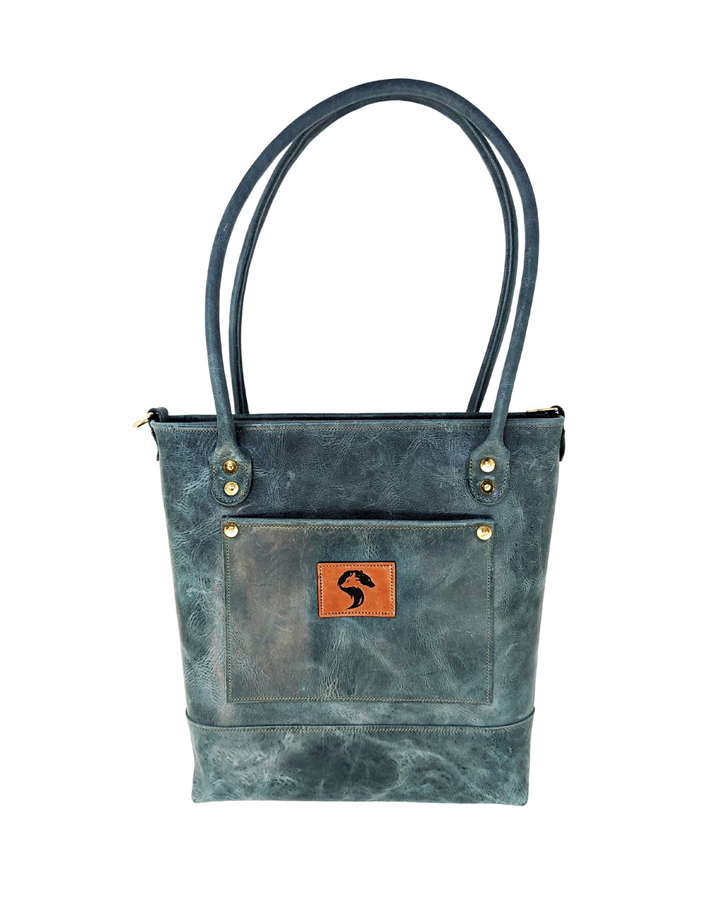 Madison distressed sage leather tote bag, front view with rolled handles, exterior pocket, and Red Sky Designs leather patch