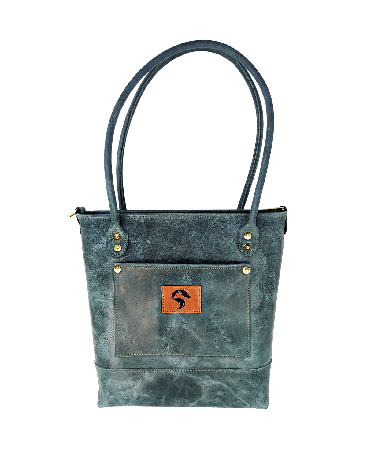 Madison distressed sage leather tote bag, front view with rolled handles, exterior pocket, and Red Sky Designs leather patch