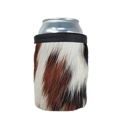 Tri-color hair-on cowhide can holder for a 12 oz can