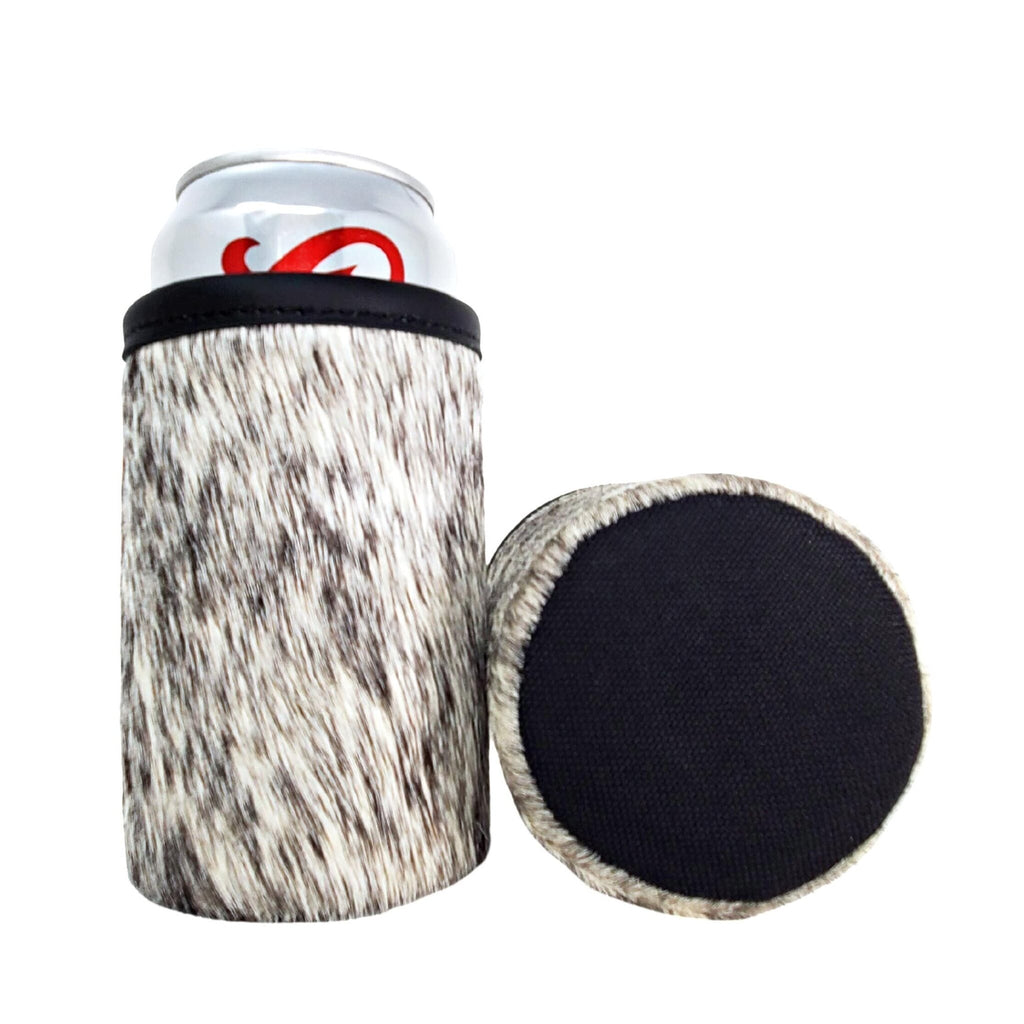 Speckled cowhide can holder with durable black ballistic nylon base