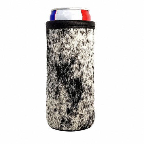 Black and white hair-on cowhide slim can holder fitted around a 12 oz skinny can