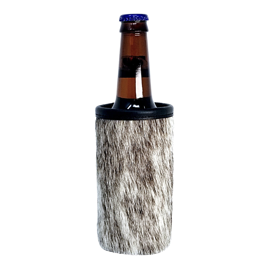 Hair-on cowhide tall boy holder with a beverage bottle