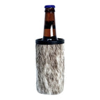 Hair-on cowhide tall boy holder with a beverage bottle