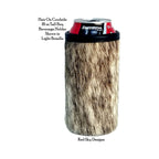 Hair-on cowhide tall boy can holder with a 16 oz can