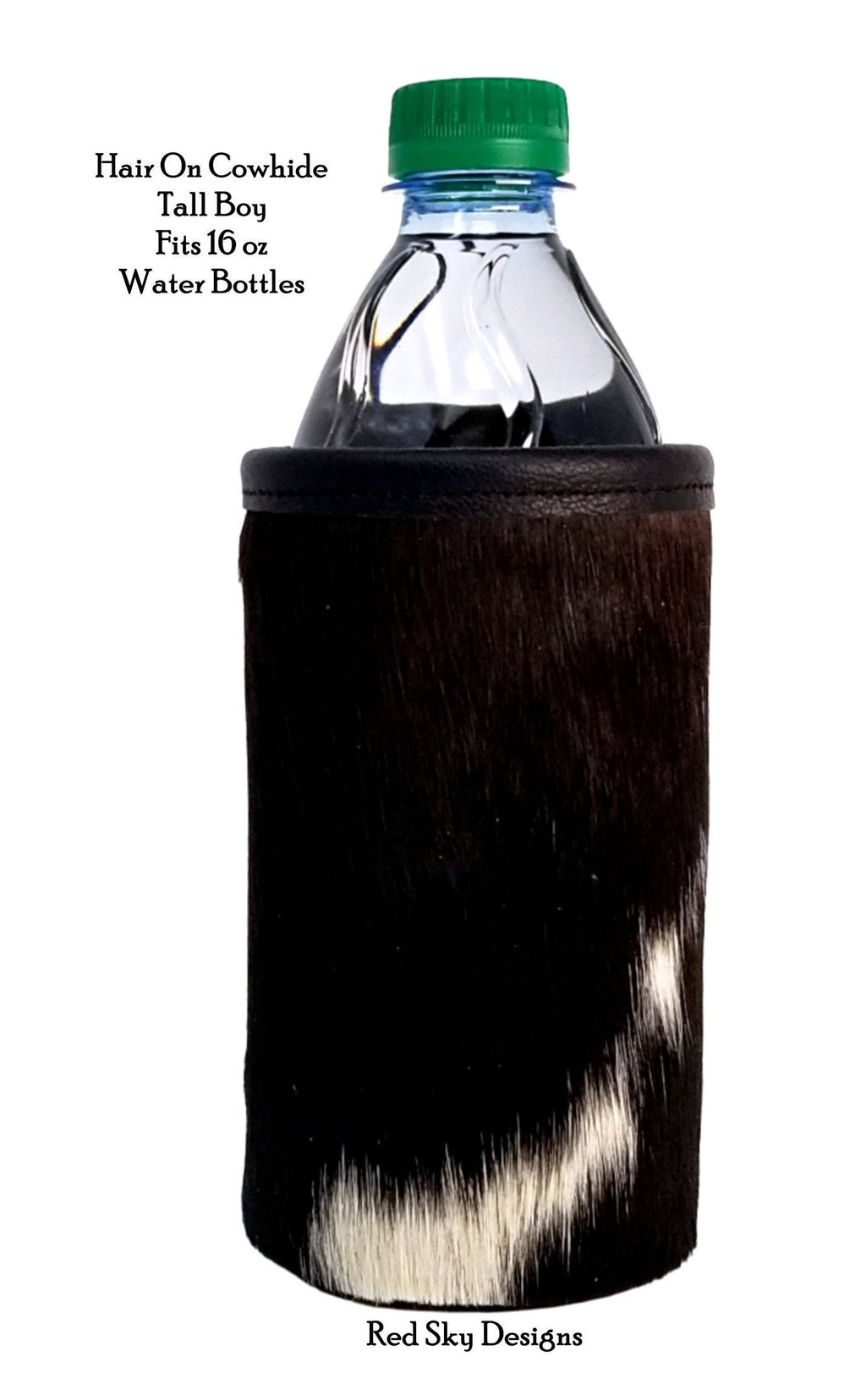 Cowhide tall boy holder fitted over a 16 ounce water bottle