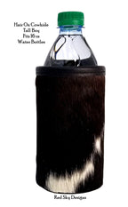Cowhide tall boy holder fitted over a 16 ounce water bottle