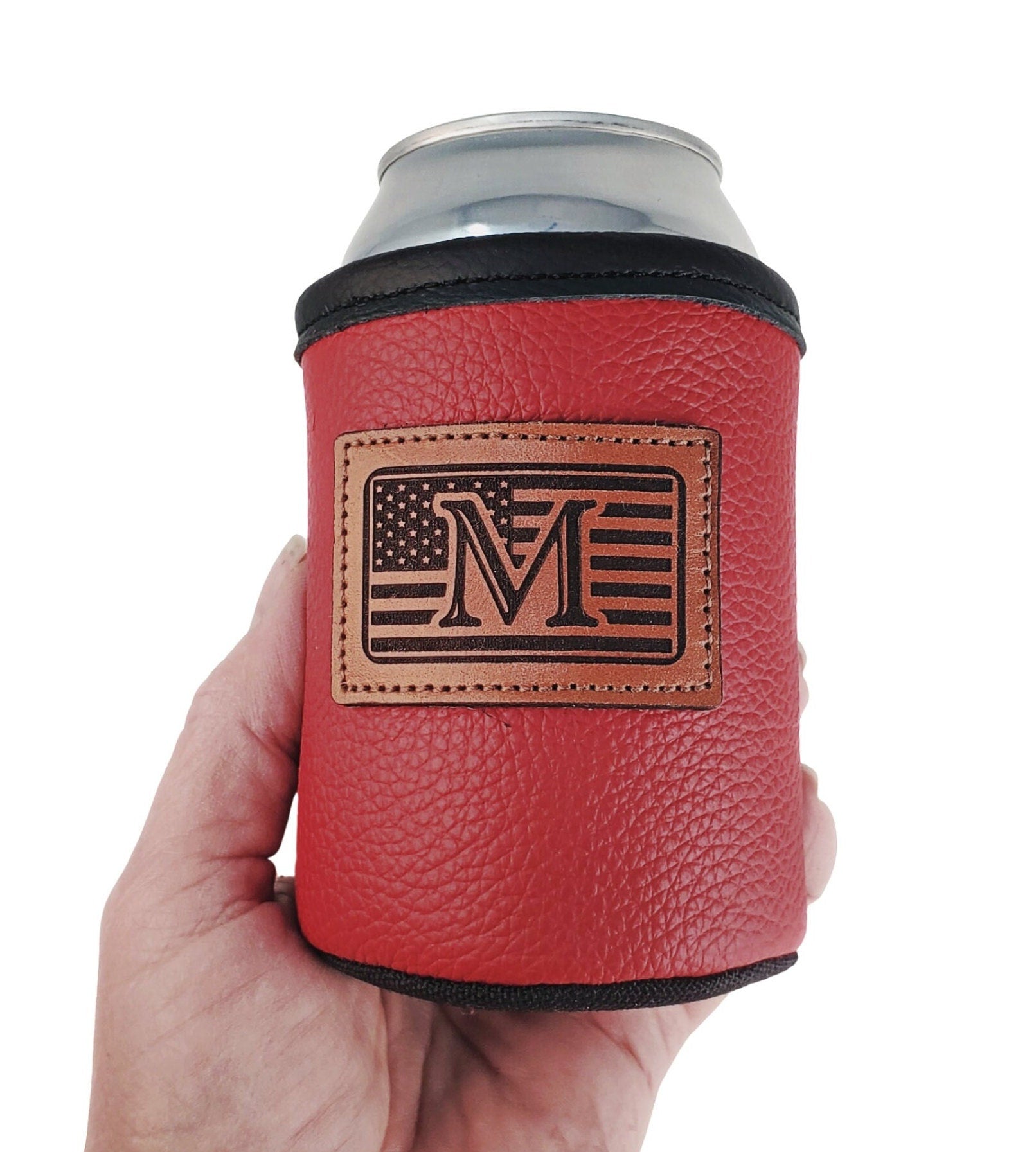 Custom Leather Can Holder – Engraved Can Cooler for 12oz Cans | Personalized Gift, Handmade in Montana