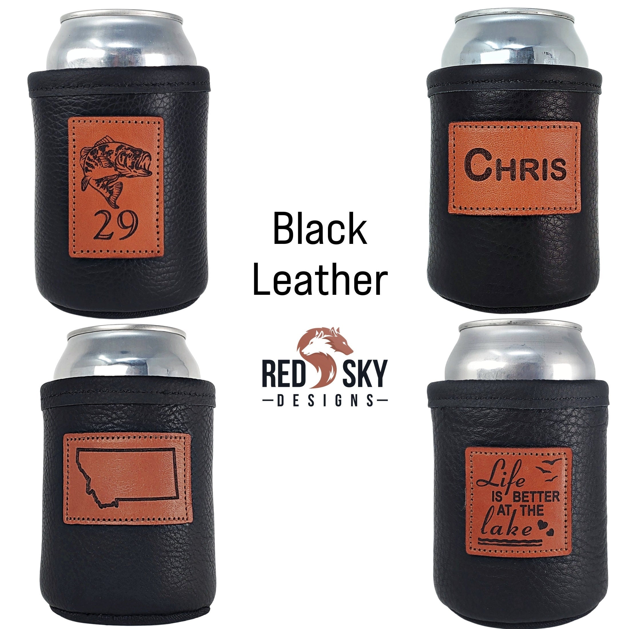Custom Leather Can Holder – Engraved Can Cooler for 12oz Cans | Personalized Gift, Handmade in Montana