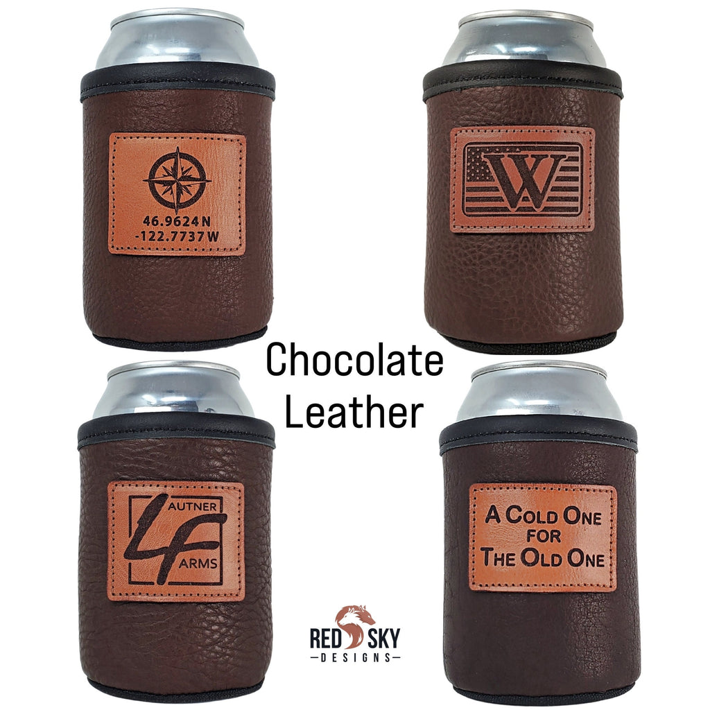 Custom Leather Can Holder – Engraved Can Cooler for 12oz Cans | Personalized Gift, Handmade in Montana