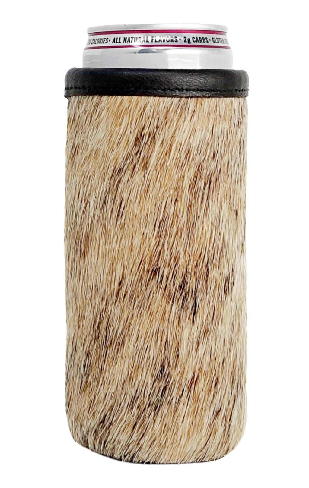 Light brindle natural hair-on cowhide slim can holder with black trim and a 12oz beverage can