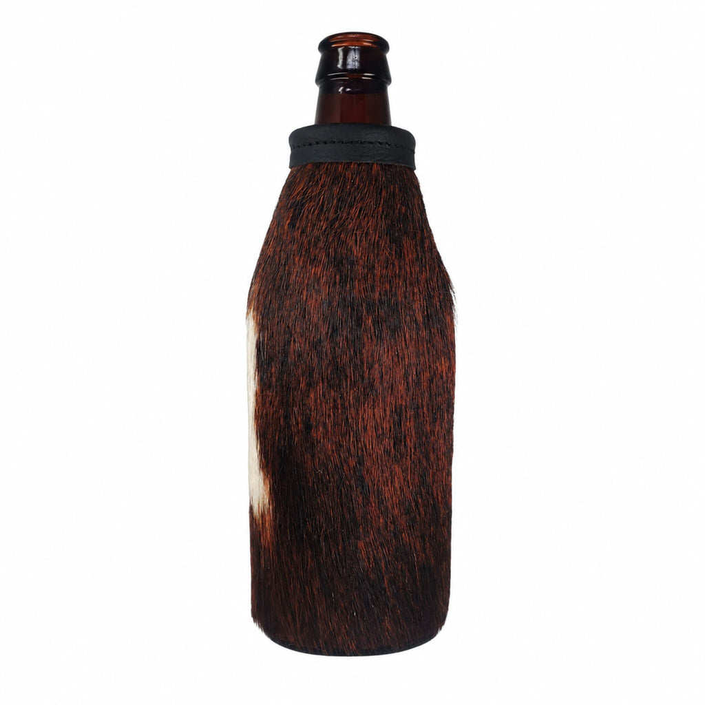 Dark brindle cowhide beer bottle holder for a standard 12 oz long-neck bottle