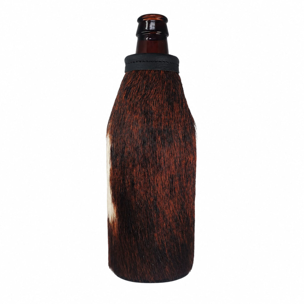 Dark brindle cowhide beer bottle holder for a standard 12 oz long-neck bottle