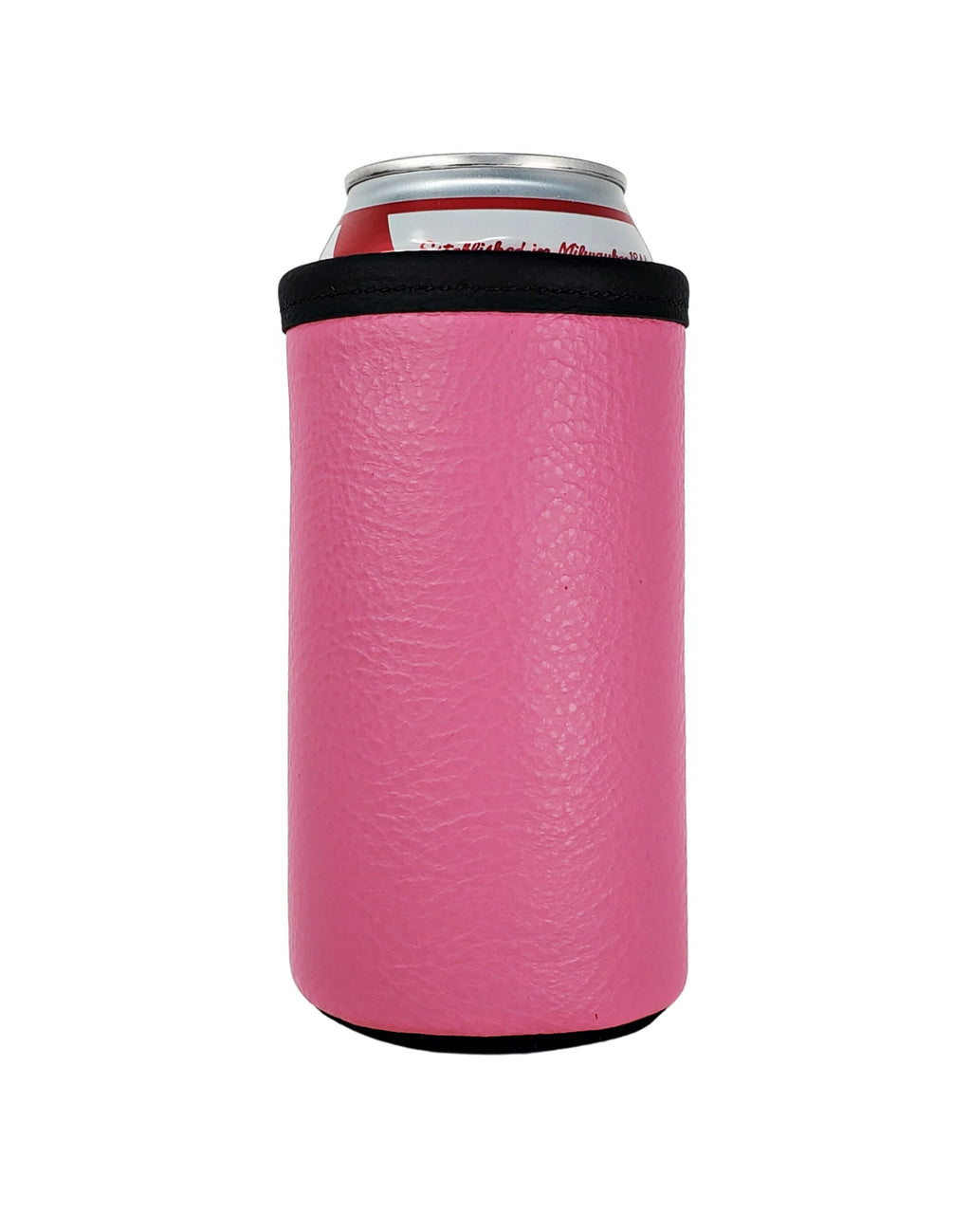 Pink leather tall boy can cooler holding a 16oz beverage can on a white background