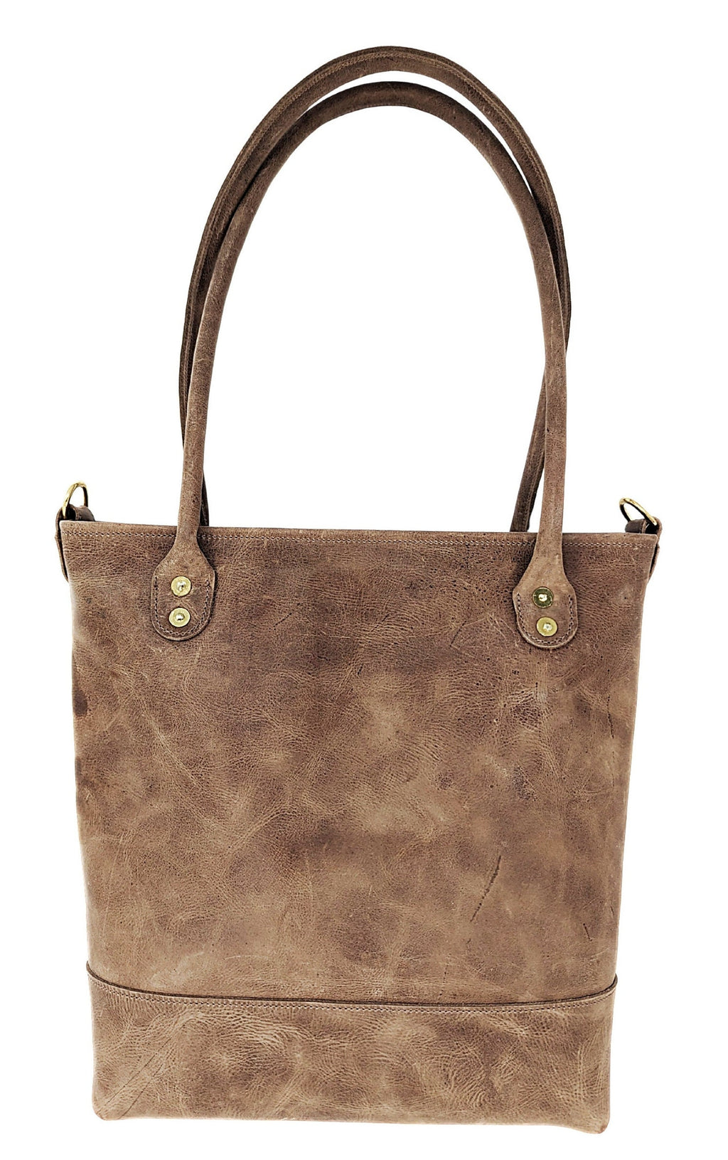 Back view of Madison distressed brown leather tote showing rolled leather shoulder handles, hand-set brass rivets, and reinforced bottom