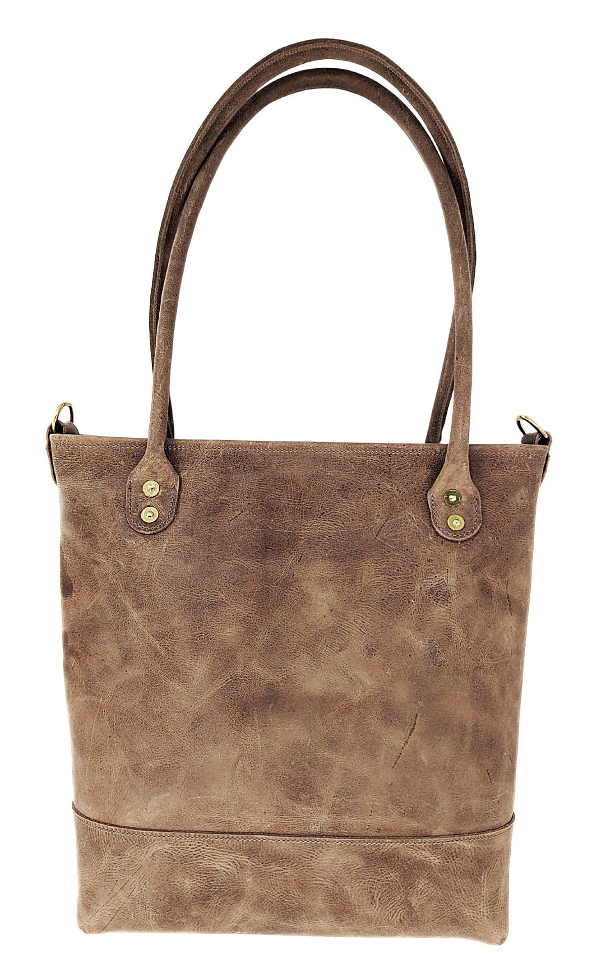 Back view of Madison distressed brown leather tote showing rolled leather shoulder handles, hand-set brass rivets, and reinforced bottom