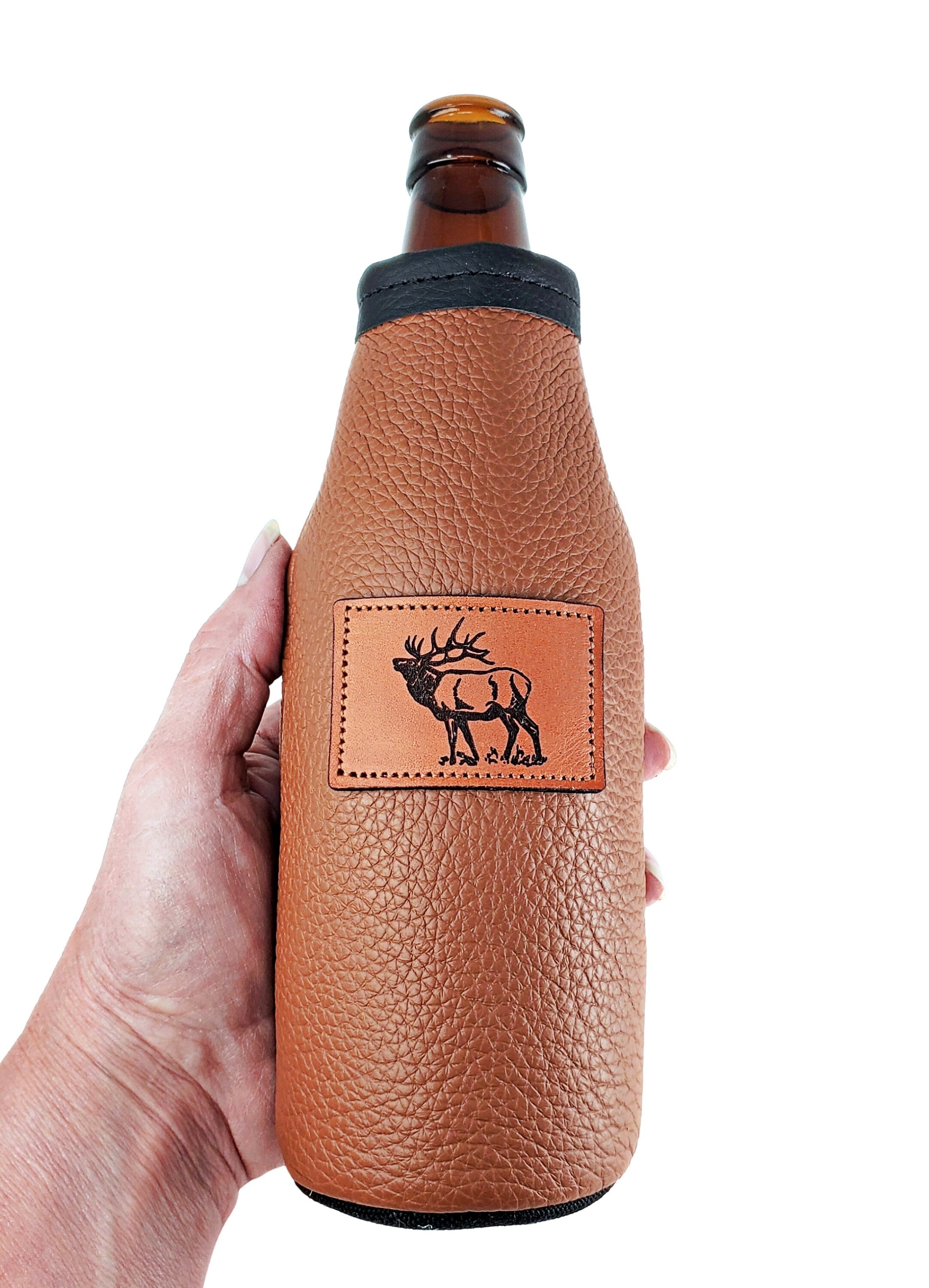 Custom Leather Beer Bottle Holder – Engraved Bottle Cooler for 12oz Bottles | Personalized Gift, Handmade in Montana