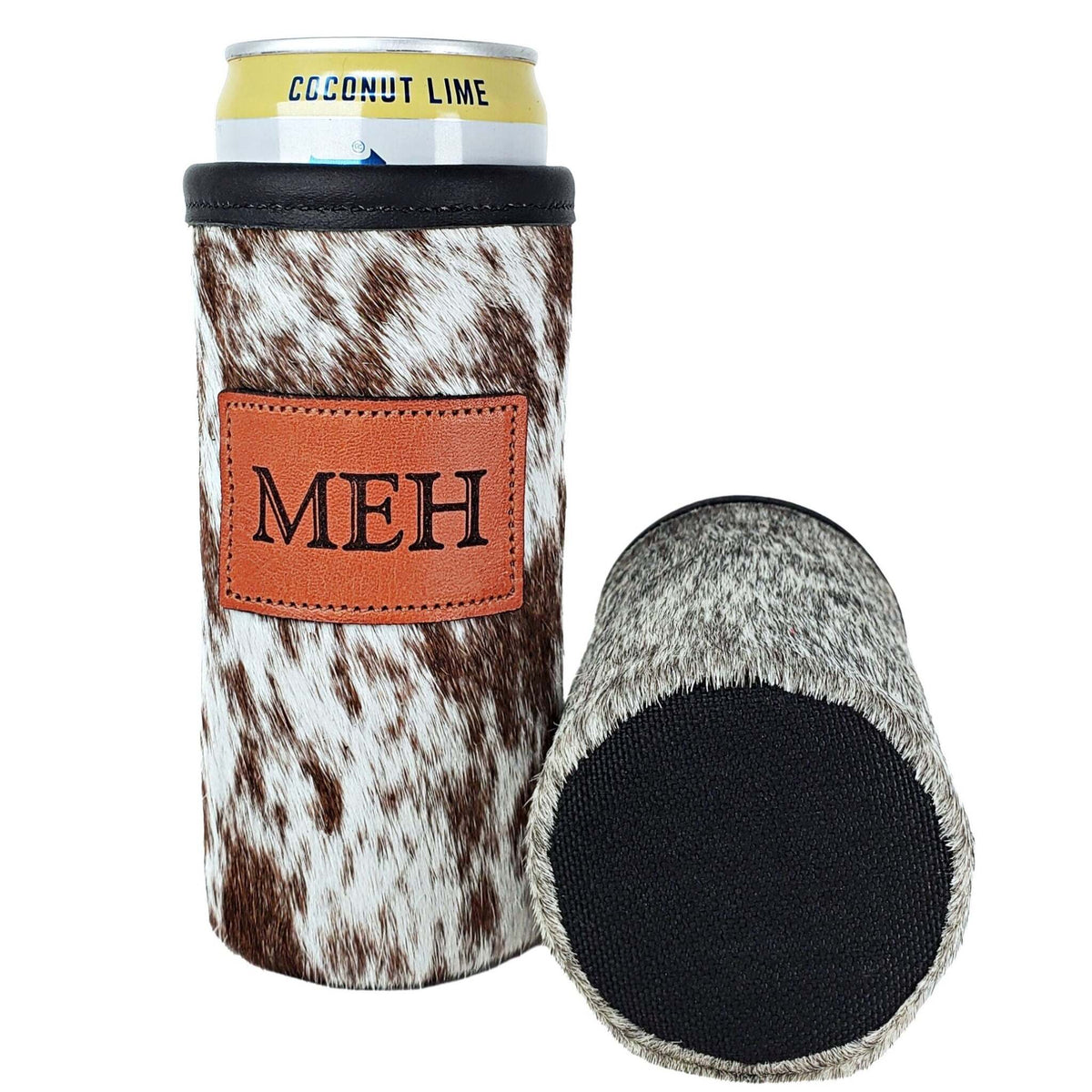 Two engraved cowhide slim can holders showing a personalized patch and black ballistic nylon base