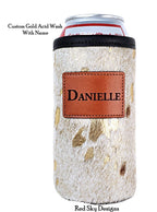 Personalized gold cowhide tall boy can holder with Danielle engraved leather patch