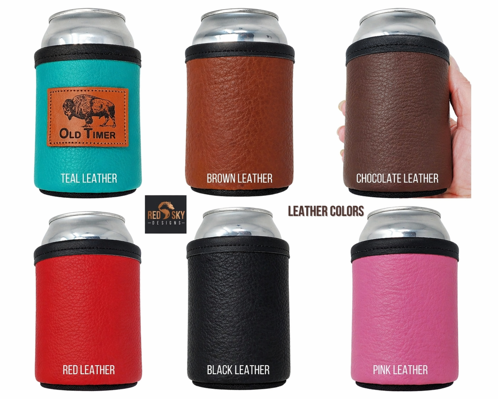 Custom Leather Can Holder – Engraved Can Cooler for 12oz Cans | Personalized Gift, Handmade in Montana