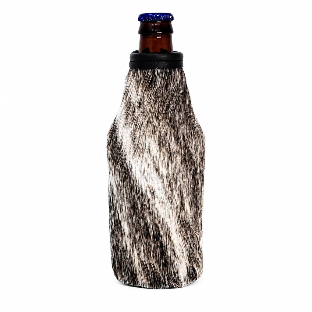 Light brindle cowhide beer bottle holder for a standard 12 oz long-neck bottle