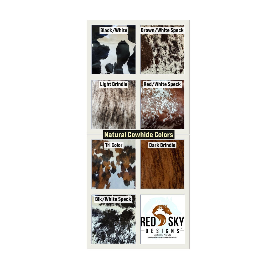Natural cowhide color options: speckled, tricolor, black and brindle