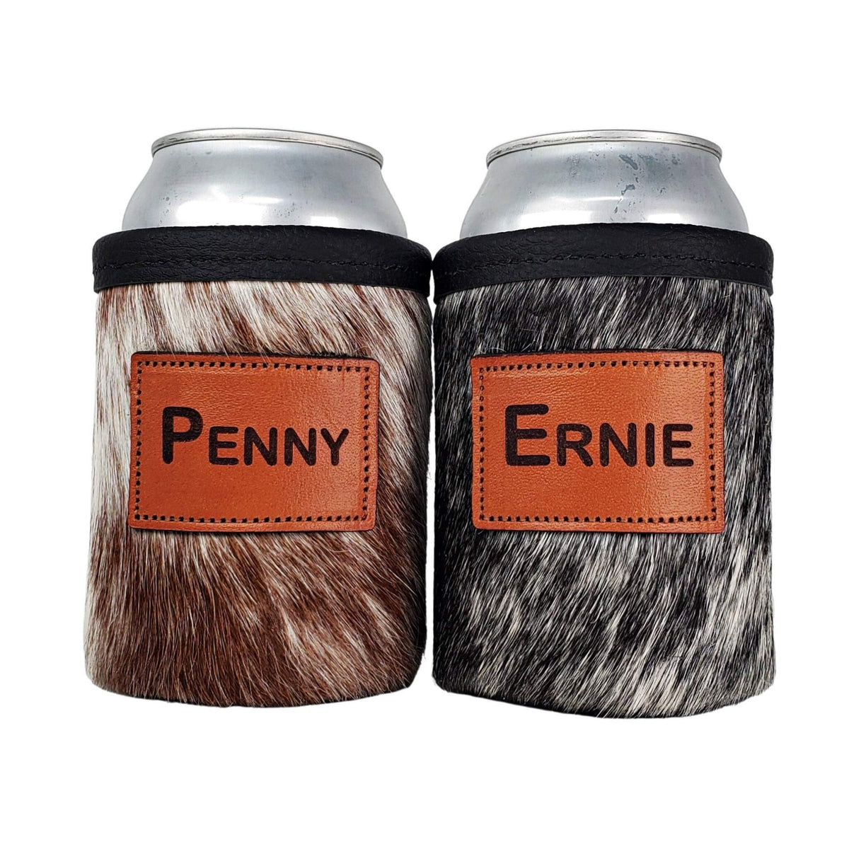 Two cowhide can holders personalized with the names PENNY and ERNIE
