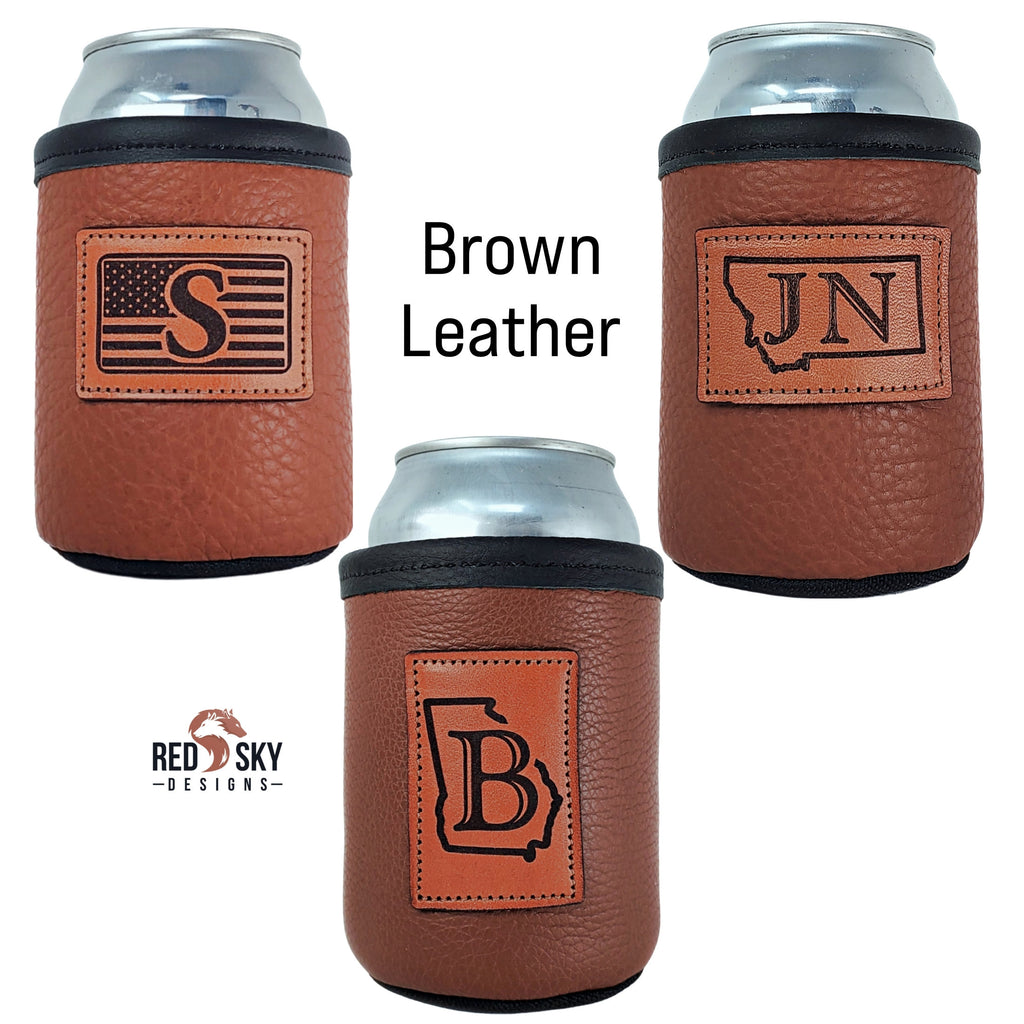 Custom Leather Can Holder – Engraved Can Cooler for 12oz Cans | Personalized Gift, Handmade in Montana