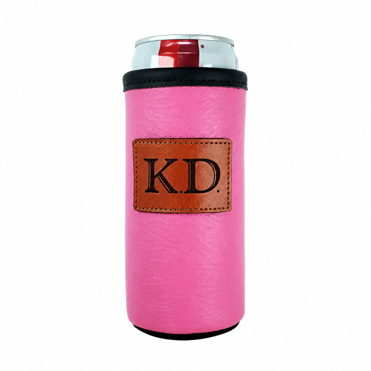Pink leather slim can holder with an engraved initials patch