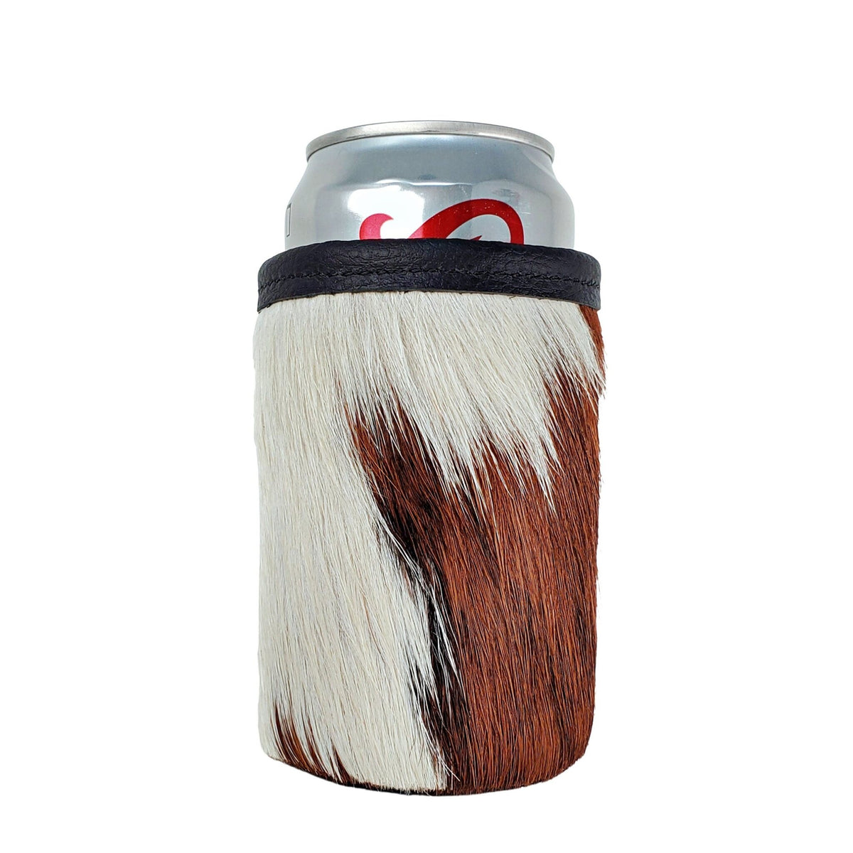 Tri-color natural cowhide can holder for a 12 oz can