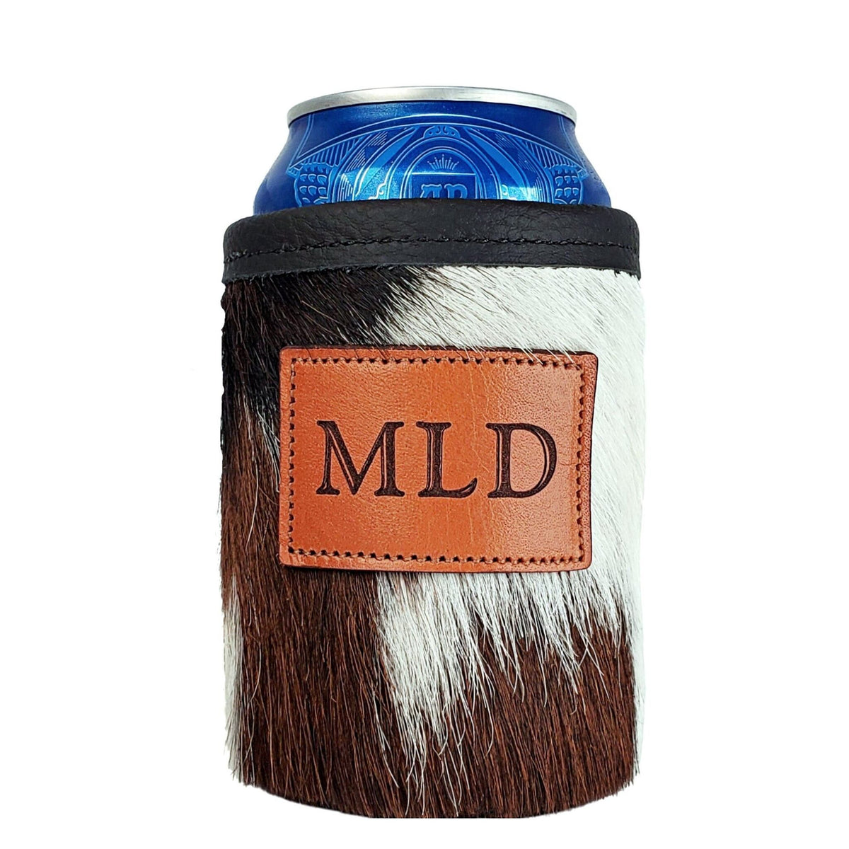 Tricolor cowhide can holder personalized with the initials MLD