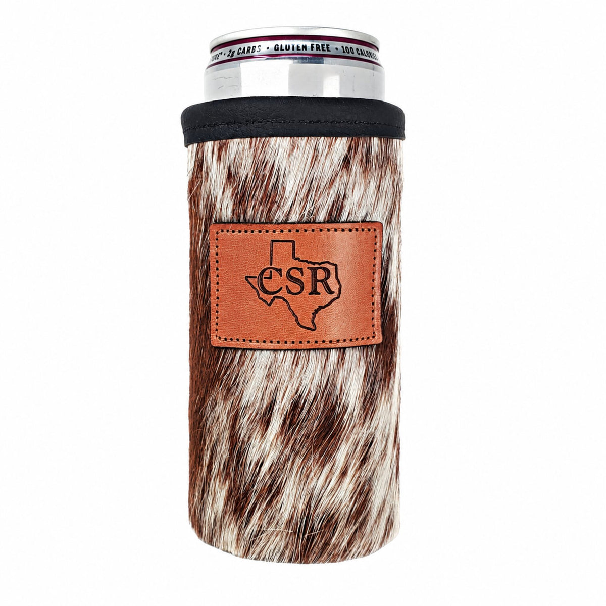 Tricolor cowhide slim can holder engraved with a Texas outline and the initials CSR