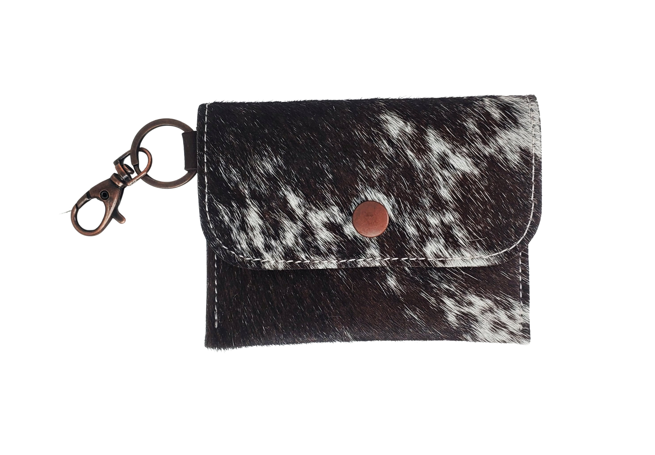  Key Chain ID Card Wallet, Fun Premium Acid Wash Hair On  Cowhide, Business Card Holder, Keep Cards Secure, Clip Inside Large Purse  to Grab & Go (Black/White - Gold Acid Wash) 